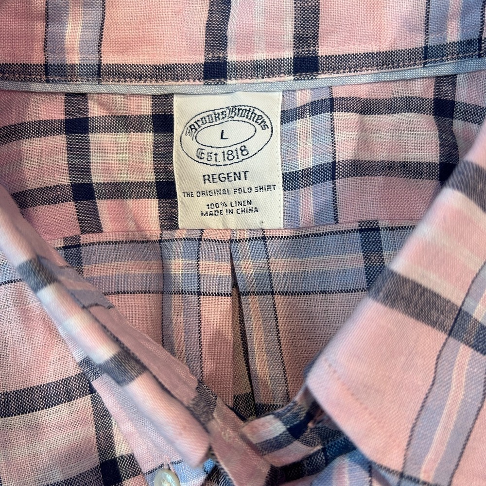 Brooks Brothers Regent 100% Linen Men's Oxford Dress Shirt Large Pink Plaid - Picture 5 of 6